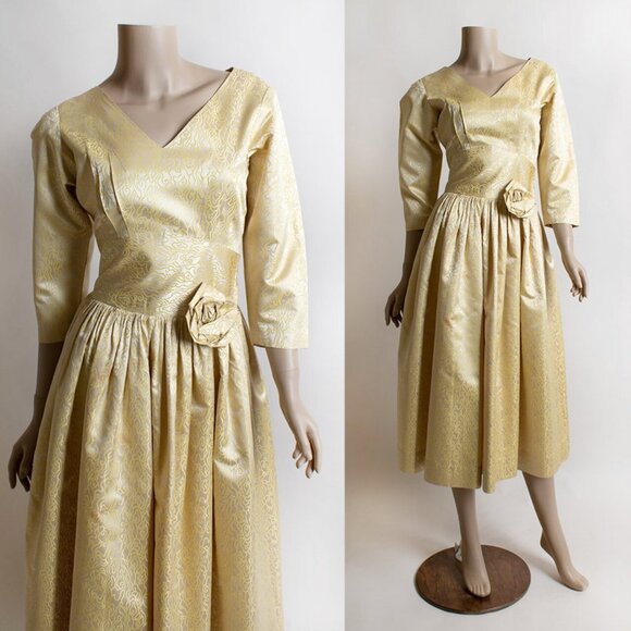 Vintage 1950s Gold Satin Squiggle Rose Cocktail Party Dress Holiday Golden 50s S - Picture 1 of 10